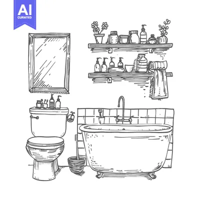 Premium design asset: Hand-drawn Sketch of a Bathroom with a Bathtub, Toilet, and Shelves