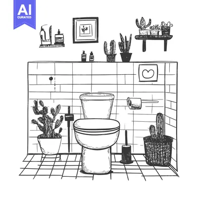 Aset premium populer: Hand-Drawn Sketch of a Bathroom with a Toilet and Cactus Plants