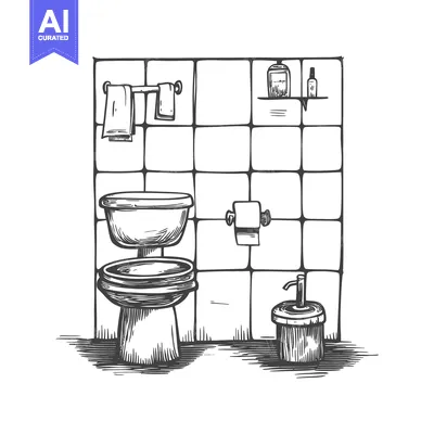 Aset premium populer: Hand-drawn sketch of a bathroom with a toilet, towel, soap, and toilet