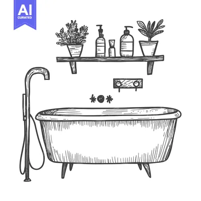 Premium design asset: Hand-Drawn Sketch of a Bathtub with Plants and Bottles on a Shelf