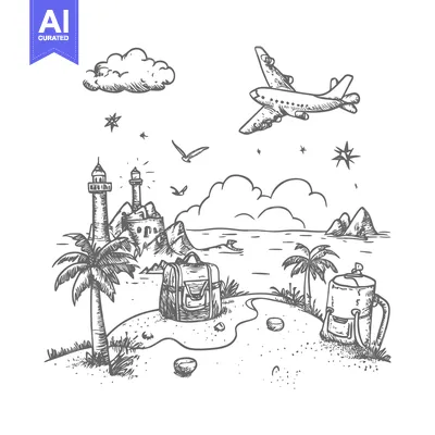 Aset desain premium: Hand-Drawn Sketch of a Beach Scene with Palm Trees, a Plane, and Lugga