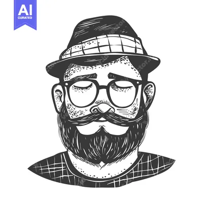 Hand-drawn sketch of a bearded man with glasses and a hat