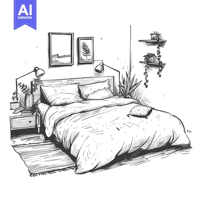 Premium design asset: Hand-drawn sketch of a bedroom interior with a bed, bedside table, and