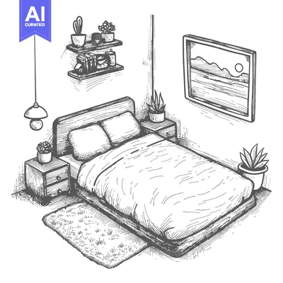 Aset premium populer: Hand-drawn sketch of a bedroom interior with a bed, bedside tables, pl