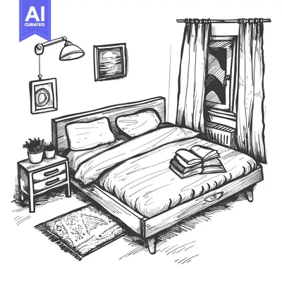 Aset desain premium: Hand-Drawn Sketch of a Bedroom Interior with a Bed, Nightstand, and Wi