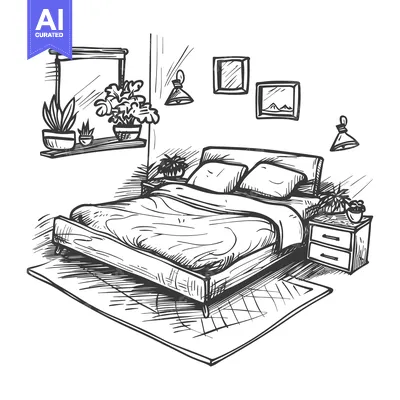 Aset desain premium: Hand-Drawn Sketch of a Bedroom with a Bed, Nightstand, and Plants