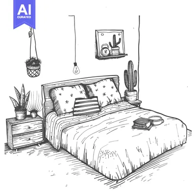 Popular premium asset: Hand-Drawn Sketch of a Bedroom with a Bed, Nightstand, and Plants