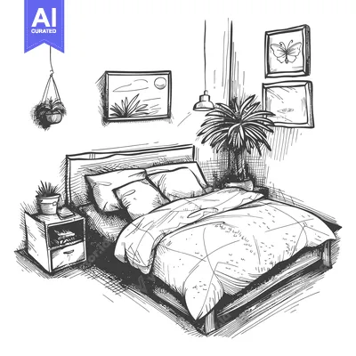 Premium design asset: Hand-Drawn Sketch of a Bedroom with a Bed, Nightstand, Plants, and Art