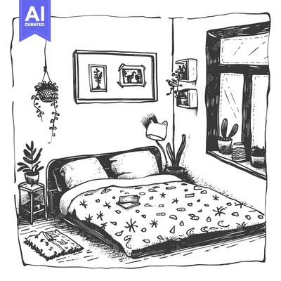 Aset desain premium: Hand-Drawn Sketch of a Bedroom with a Bed, Plants, and a Window