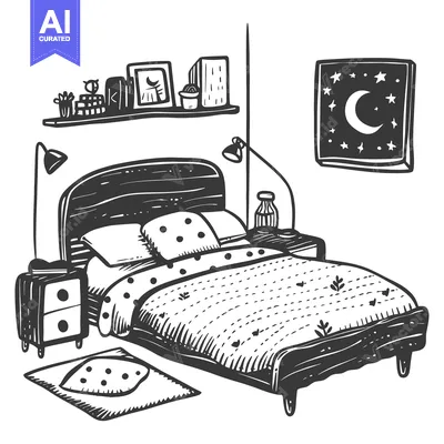 Popular premium asset: Hand-drawn sketch of a bed with nightstand and bedside lamp in a bedro