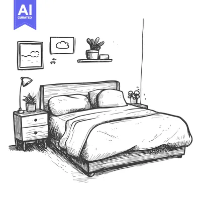 Popular premium asset: Hand-drawn sketch of a bed with nightstand, lamp, and potted plants