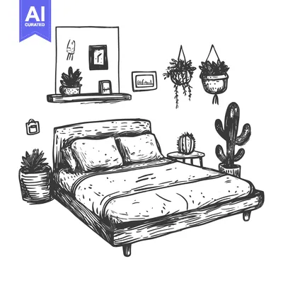 Aset desain premium: Hand-drawn sketch of a bed with plants and furniture