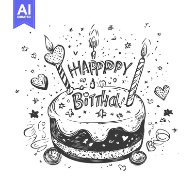 Aset desain premium: Hand-drawn sketch of a birthday cake with candles and confetti