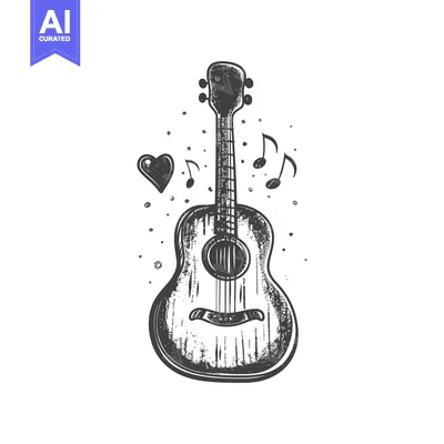 Premium design asset: Hand-drawn sketch of a black and white acoustic guitar with musical no