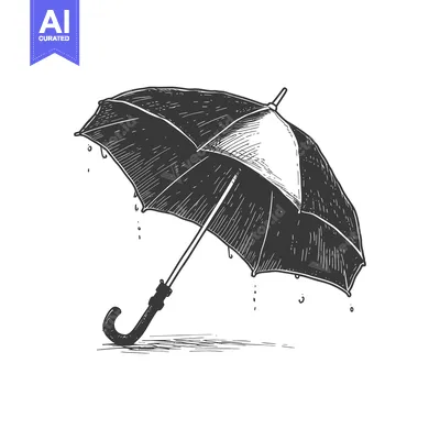 Aset desain premium: Hand-Drawn Sketch of a Black Umbrella with Raindrops