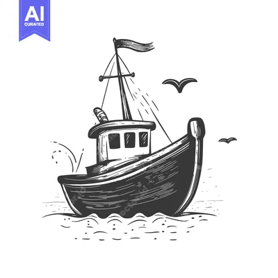 Premium design asset: Hand-Drawn Sketch of a Boat Sailing on the Ocean with Birds Flying Ove