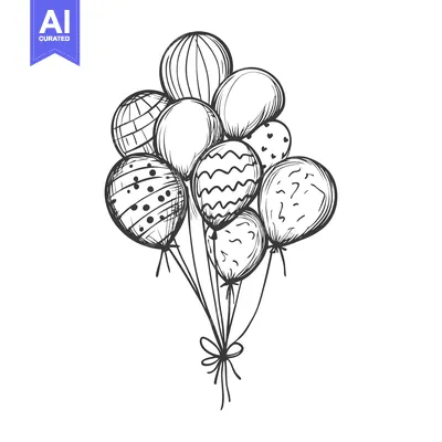 Aset desain premium: Hand-Drawn Sketch of a Bouquet of Balloons with Different Patterns