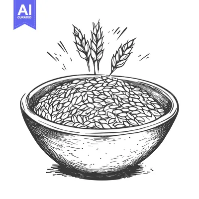 Aset premium populer: Hand-Drawn Sketch of a Bowl Filled with Grain and Wheat Spikes