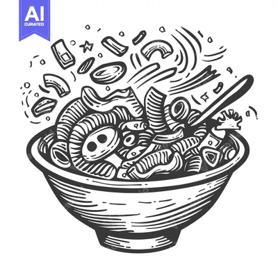 Premium design asset: Hand-drawn sketch of a bowl filled with various pasta shapes