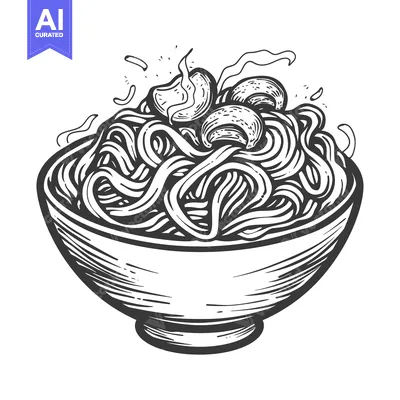 Aset premium populer: Hand-drawn sketch of a bowl of noodles with mushrooms