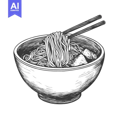 Aset desain premium: Hand-drawn sketch of a bowl of ramen noodles with chopsticks
