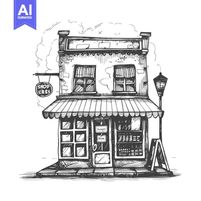 Aset desain premium: Hand-drawn Sketch of a Brick Building with a Shop Sign and Awnings