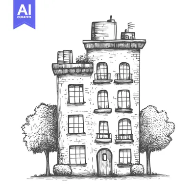 Aset premium populer: Hand-Drawn Sketch of a Brick Building with Trees