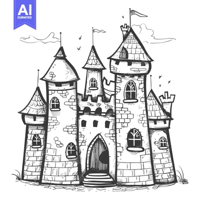 Aset premium populer: Hand-Drawn Sketch of a Brick Castle with Multiple Towers and Flags