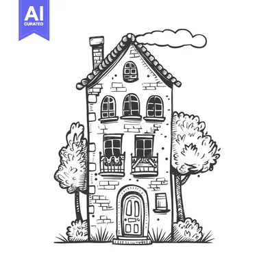 Aset desain premium: Hand-drawn sketch of a brick house with a chimney, windows, a balcony,