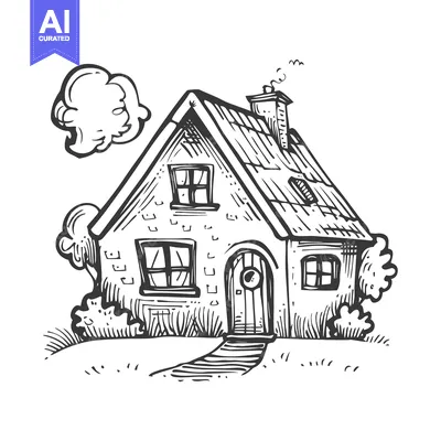 Aset desain premium: Hand-Drawn Sketch of a Brick House with a Path and a Cloud