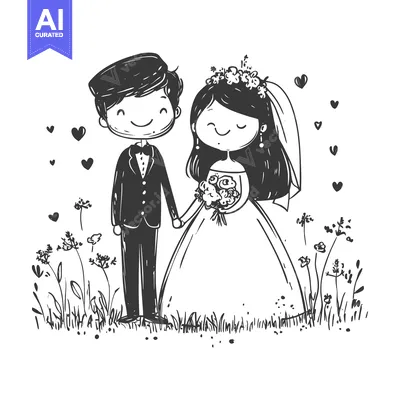 Aset desain premium: Hand-Drawn Sketch of a Bride and Groom Holding Hands in a Field