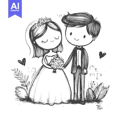 Aset desain premium: Hand-Drawn Sketch of a Bride and Groom in a Wedding Setting