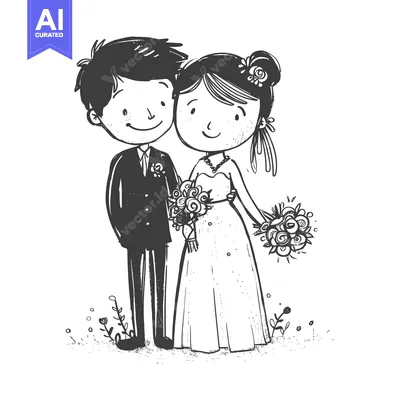Aset desain premium: Hand-Drawn Sketch of a Bride and Groom with Flowers