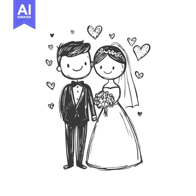 Aset desain premium: Hand-Drawn Sketch of a Bride and Groom with Hearts
