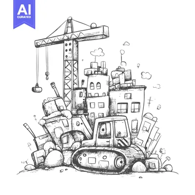 Aset desain premium: Hand-drawn Sketch of a Bulldozer, Crane, and Cityscape