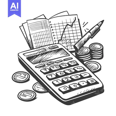 Hand Drawn Sketch of a Calculator, Coins, Graph Paper, and Pen