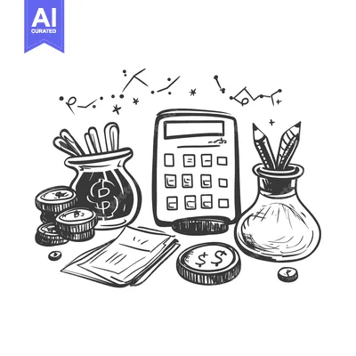 Aset premium populer: Hand-Drawn Sketch of a Calculator, Money Bag, Coins, and Pencils