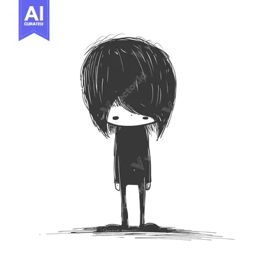 Aset desain premium: Hand-Drawn Sketch of a Cartoon Character with Black Hair and Clothing