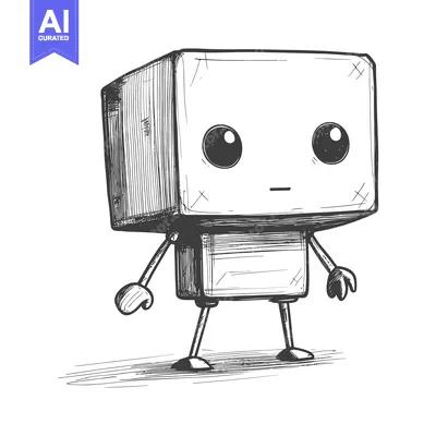 Premium design asset: Hand-Drawn Sketch of a Cartoon Cube-Shaped Robot with Large Eyes and S
