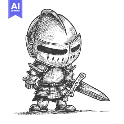 Premium design asset: Hand-drawn sketch of a cartoon knight in full armor holding a sword