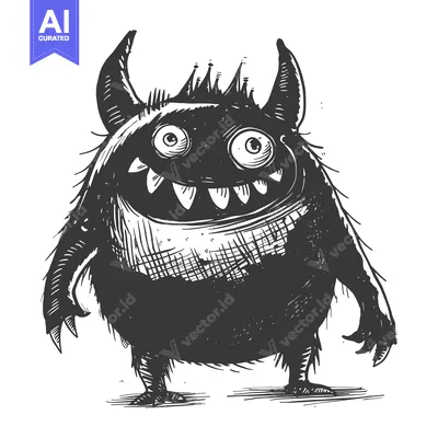 Hand-drawn Sketch of a Cartoon Monster with Horns and a Wide Grin