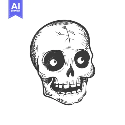 Aset desain premium: Hand-drawn Sketch of a Cartoon Skull with Big Eyes and a Grinning Mout