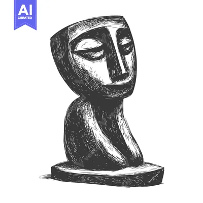 Aset premium populer: Hand-Drawn Sketch of a Carved Stone Head with a Pensive Expression