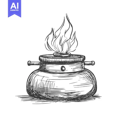 Aset premium populer: Hand-drawn sketch of a cauldron with fire on top