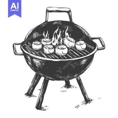 Hand-Drawn Sketch of a Charcoal Grill with Food Cooking