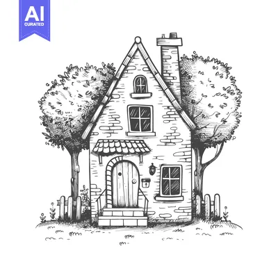 Aset desain premium: Hand-drawn sketch of a charming brick cottage with a chimney, windows,