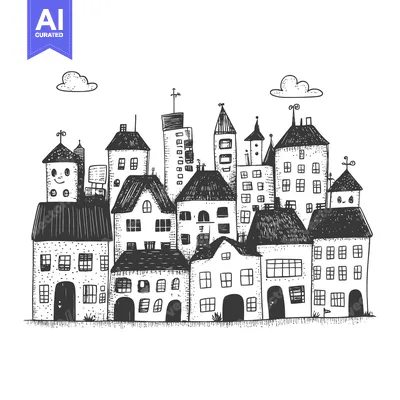 Aset desain premium: Hand-Drawn Sketch of a Charming Cityscape with Various Buildings