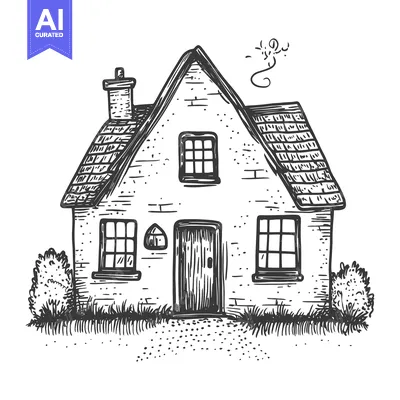 Aset desain premium: Hand-drawn sketch of a charming cottage with a chimney, two windows, a