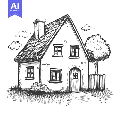 Aset desain premium: Hand-drawn sketch of a charming cottage with a chimney, windows, a doo