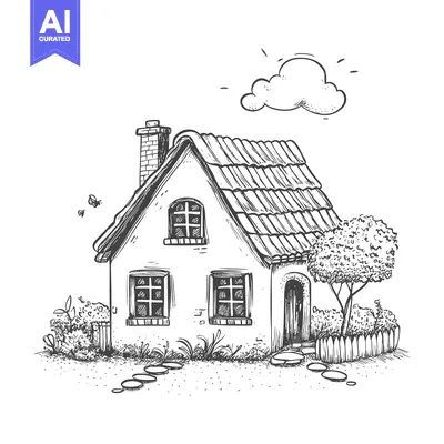 Aset desain premium: Hand-drawn Sketch of a Charming Cottage with a Tiled Roof and Surround